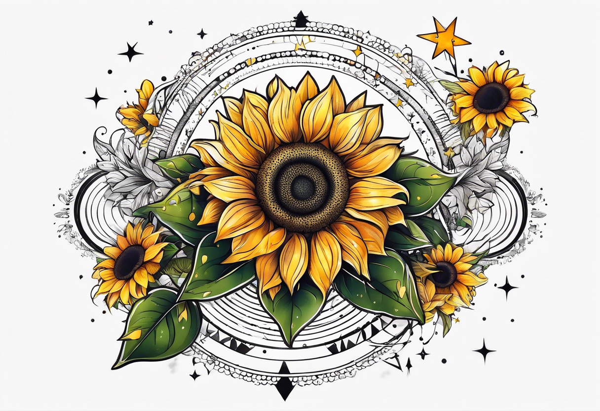 elegant small tattoo for hand with sunflower surrounded by circle of little stars and arrow tattoo idea