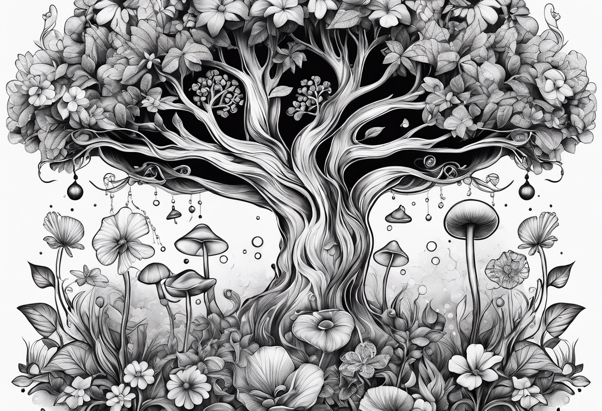 feminine psilocybin molecule made out of a tree and flowers tattoo idea