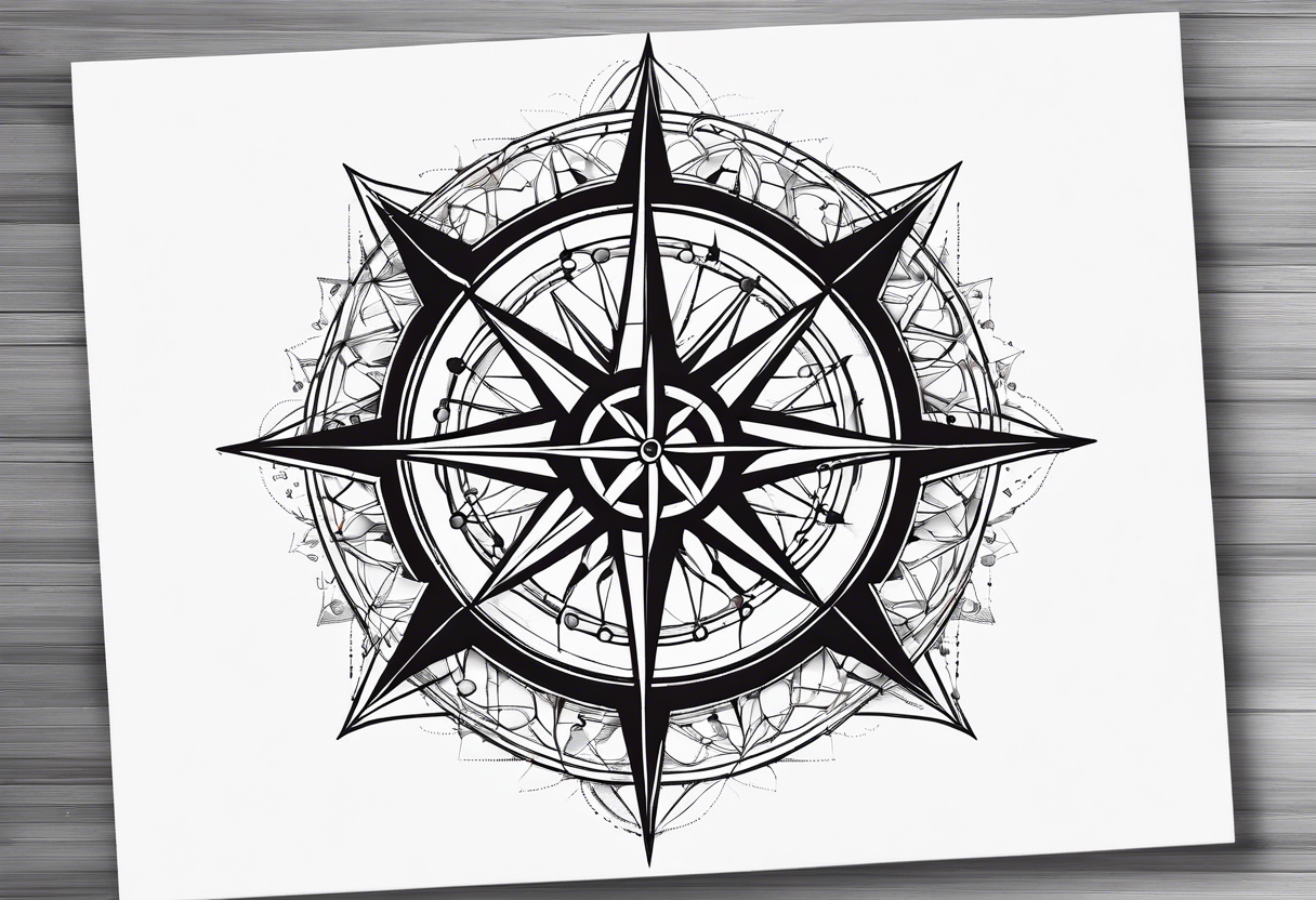 a classic compass rose as the central element with a molecular structure of serotonin tattoo idea