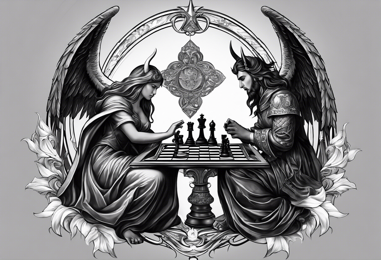 Depict an angel and devil engaged in a chess game, with the chessboard reflecting the cosmic battleground between good and evil, symbolizing the strategic nature of the eternal conflict. tattoo idea