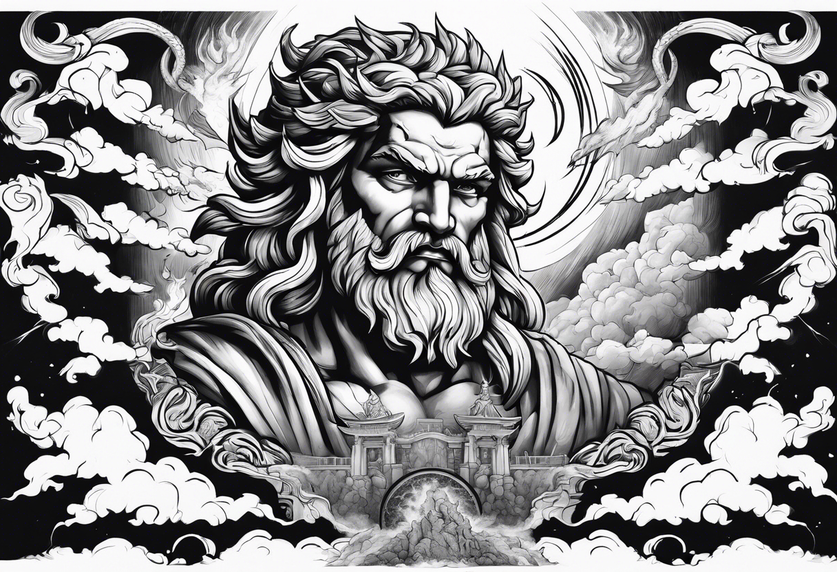 Zeus with a lightning bolt on clouds and Hades in hell below tattoo idea