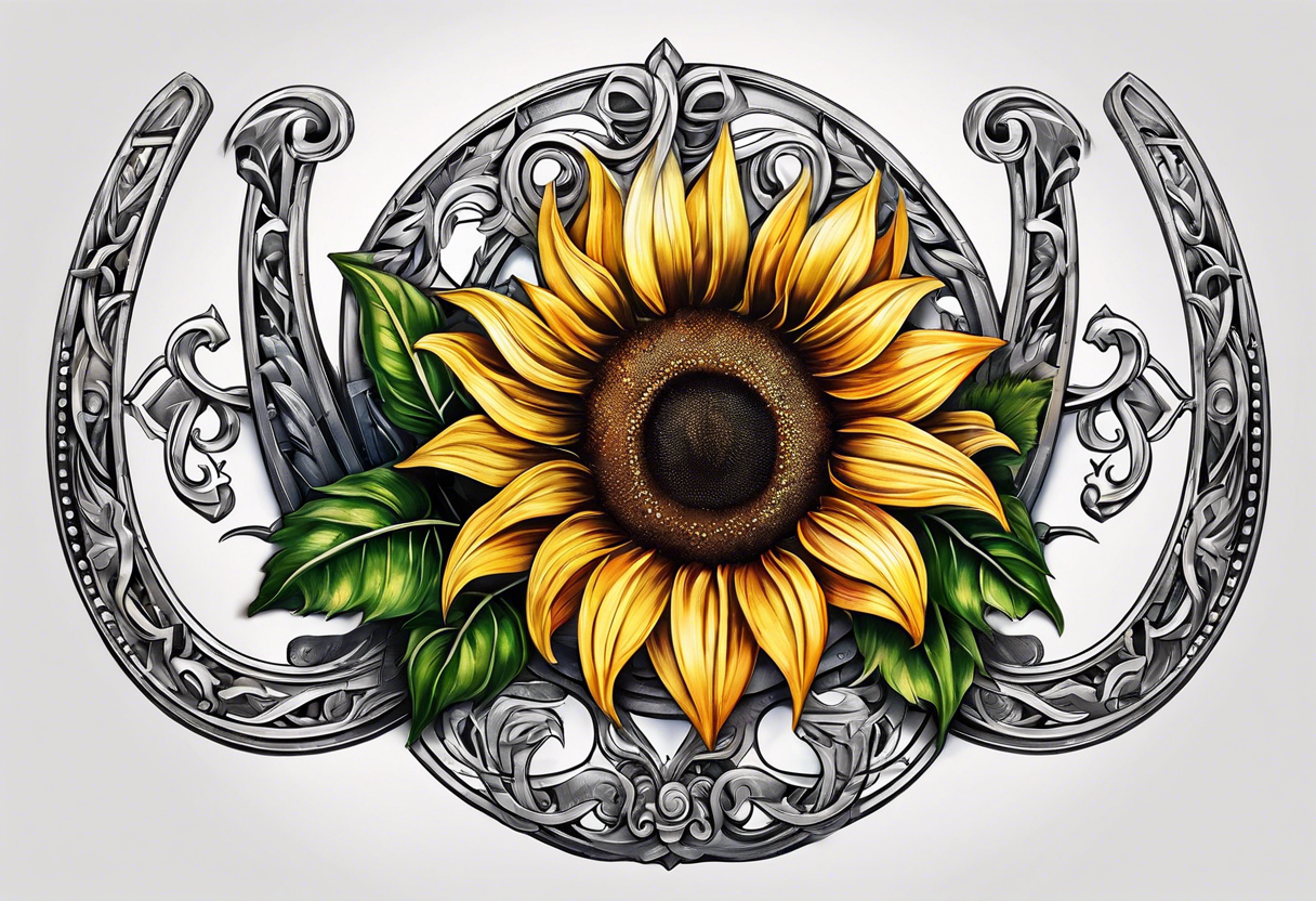 A steel horseshoe with a sunflower in the center tattoo idea