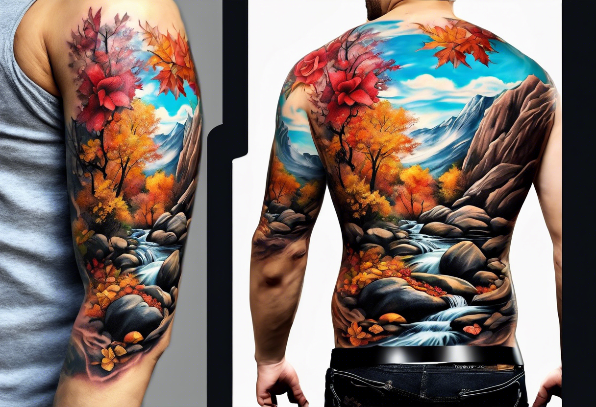 sleeve tattoo in fall colors, showing water flow around rocks, sky, clouds, leaves, roses and no trees tattoo idea