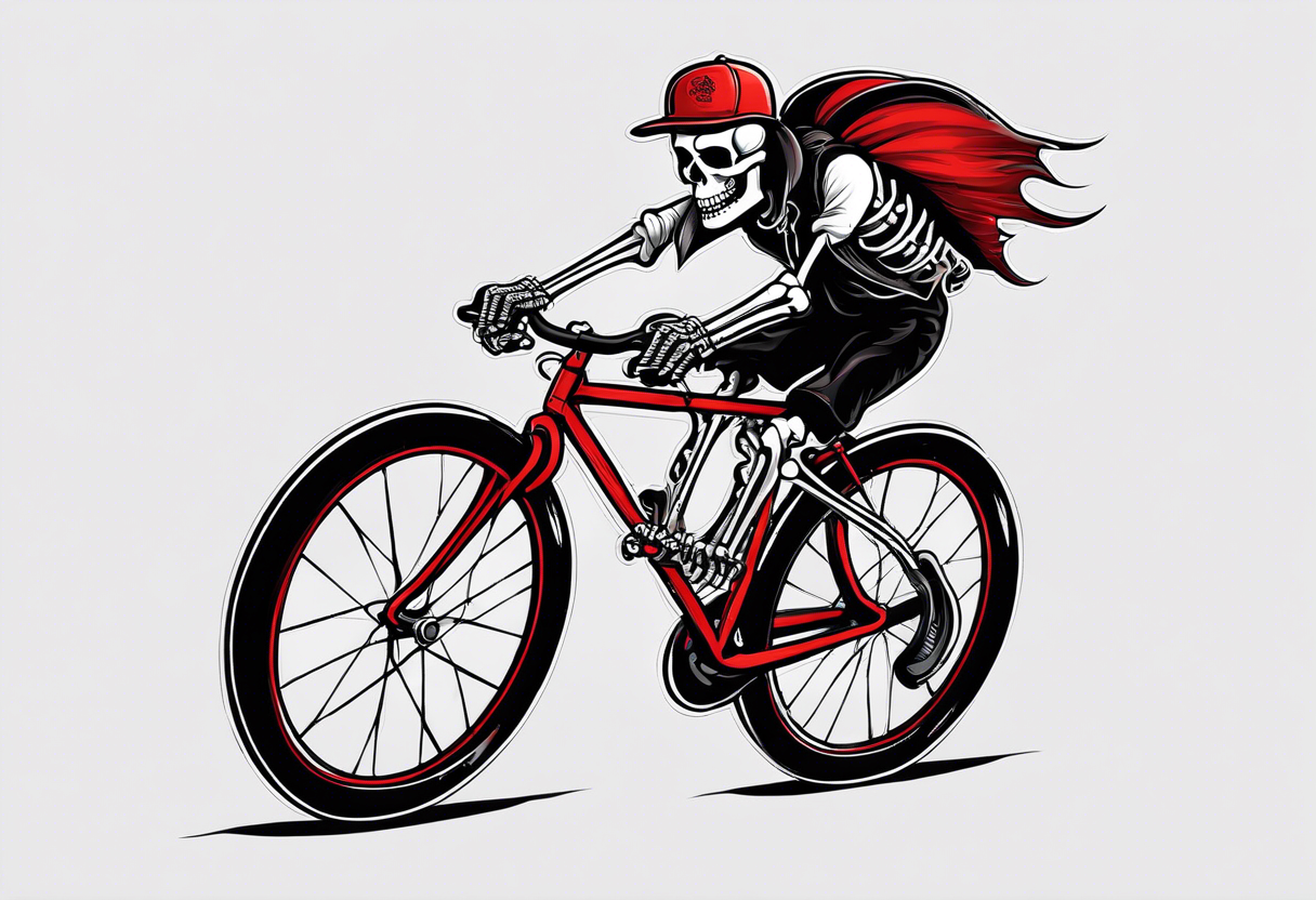 Lifelike skeleton wearing licra and cap rides a road bicycle. The skeleton is grinning at the viewer. There is no background image tattoo idea