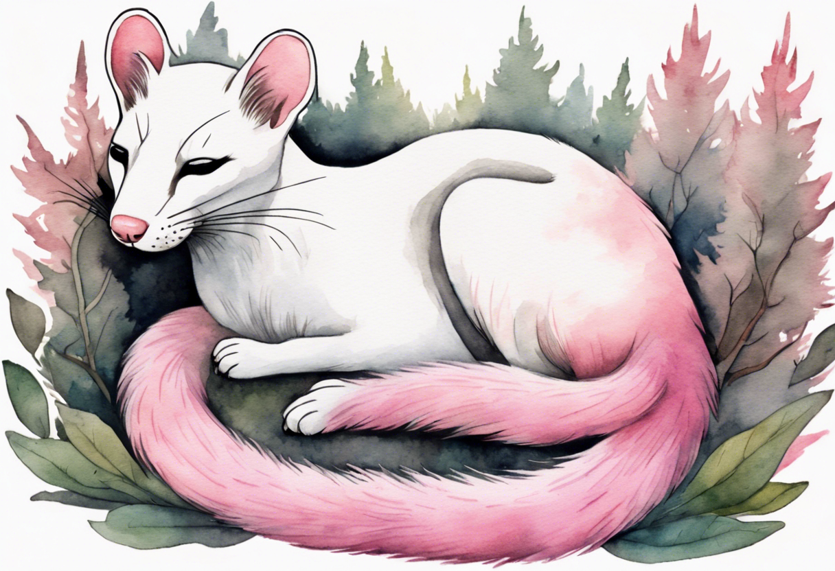 watercolor of an ermine covered in pink fur with a pink nose sleeping in a forest tattoo idea