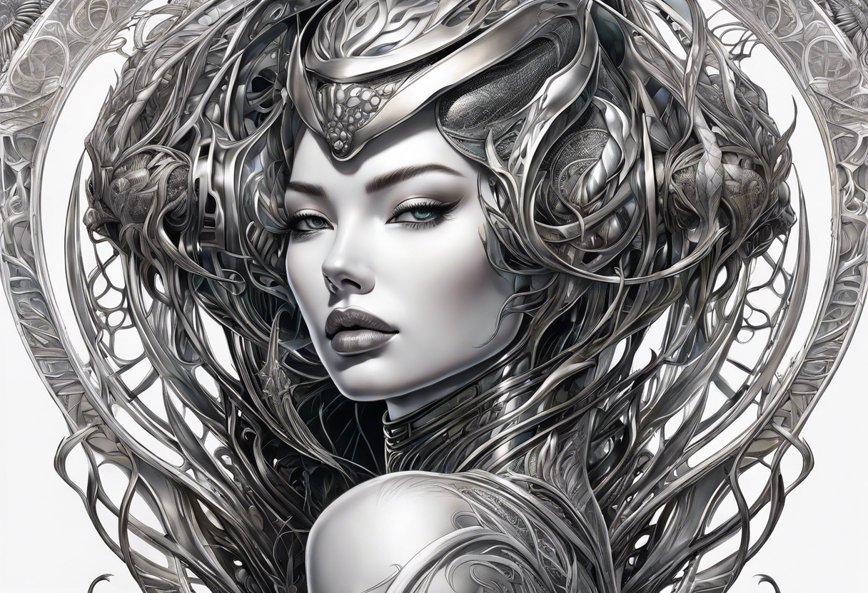 Hajime Sorayama type blended with HR Giger alien woman with vines tattoo idea