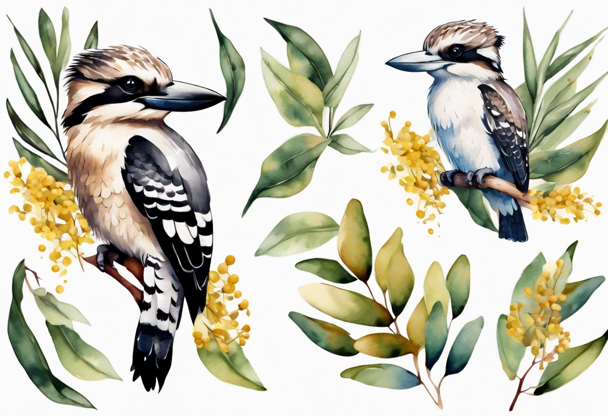 Small kookaburra sitting on eucalyptus leaves and wattle leaves tattoo idea