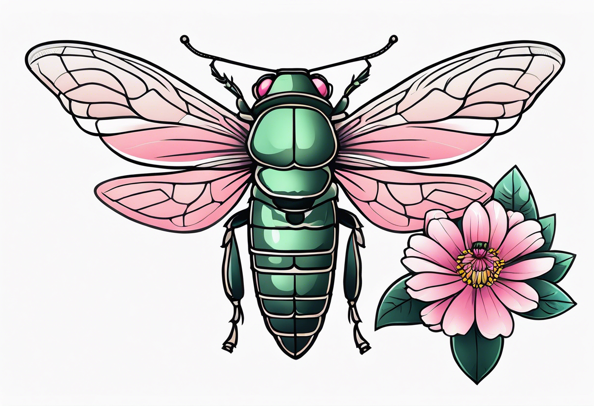 Neo traditional Cicada and pink flower tattoo idea
