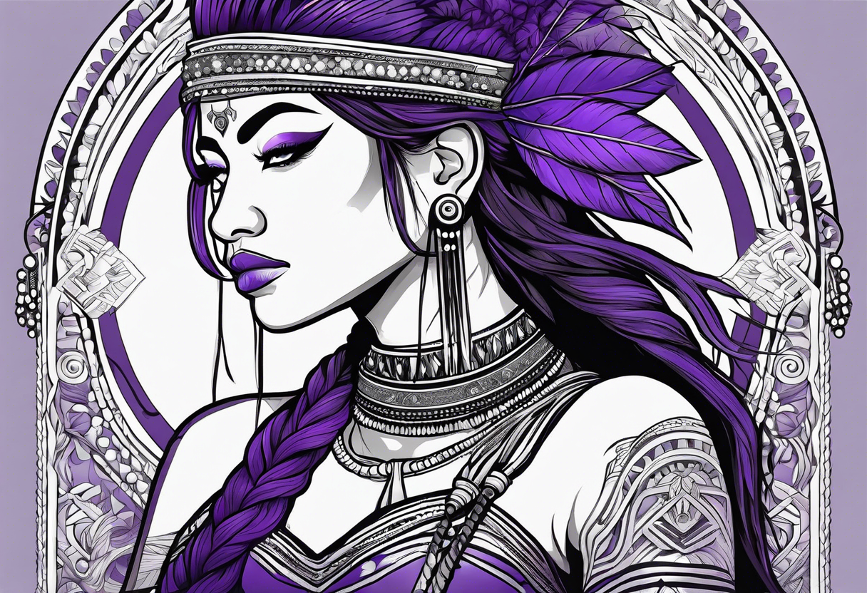 native woman female archer with bead headband sitting on a purple buffalo standing still tattoo idea