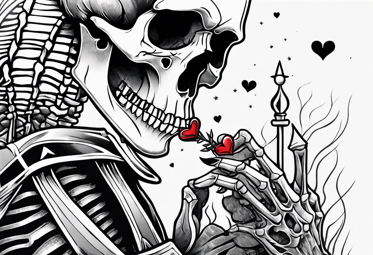 depressed skeleton handing his stabbed heart to someone tattoo idea