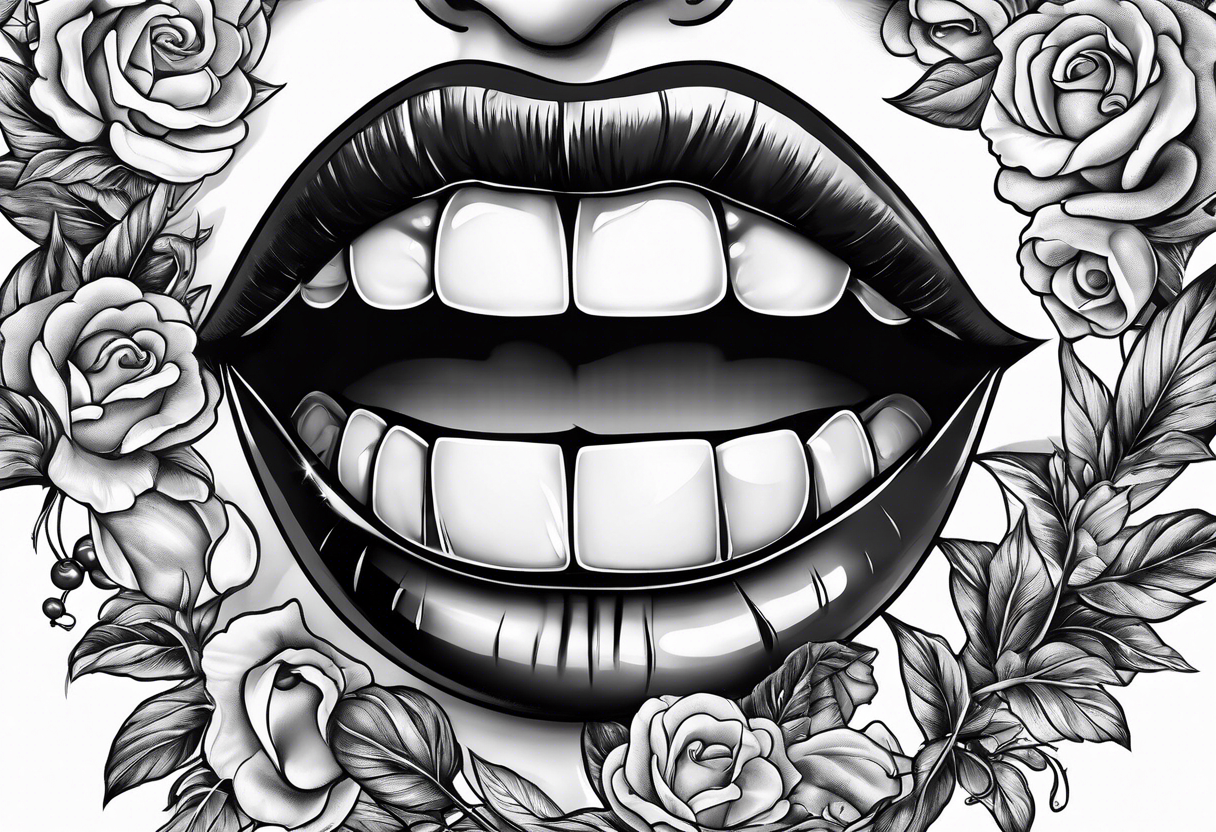 mouth, holding cherry in teeth, lush lips tattoo idea