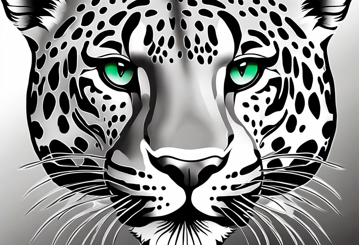 Create and black and grey realistic jaguar walking toward you with rainforest background for a forearm tattoo. Have the jaguars eye colored with emerald green and mouth open tattoo idea