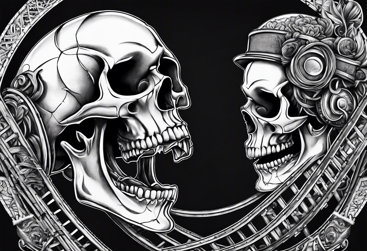 skull halves stitched together with roller coaster track tattoo idea