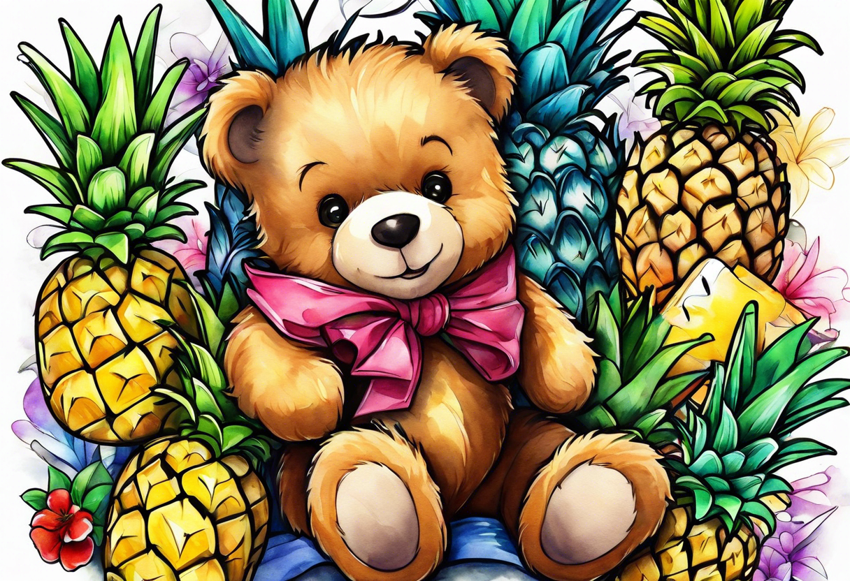 Teddy Bear biting pineapples tattoo idea