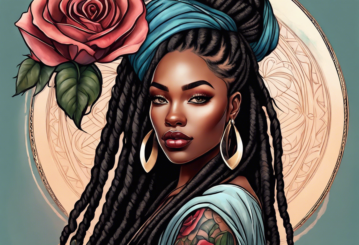 beautiful thick black women with long straight dreadlocks, holding a beautiful single rose,, pastel, old school traditional style, ethereal tattoo idea