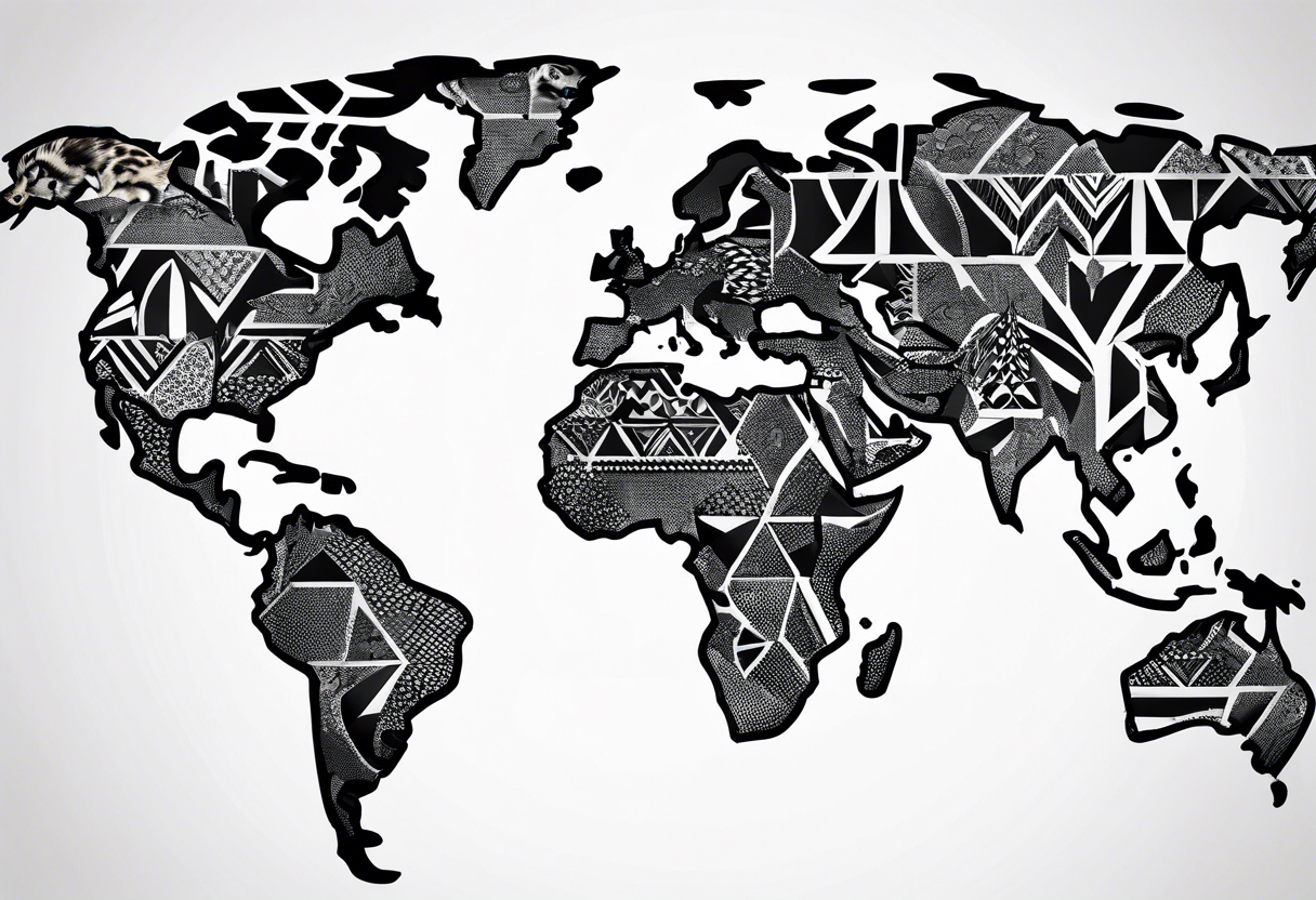 geometric world map tattoo with a cheetah pattern overlay tattoo idea