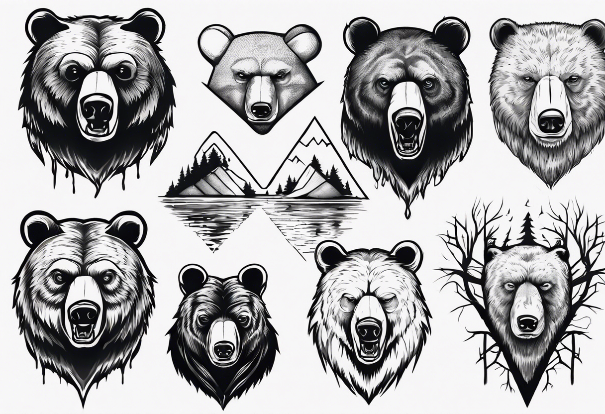 bear head, forest, lake, appalachia, arm sleeve tattoo tattoo idea