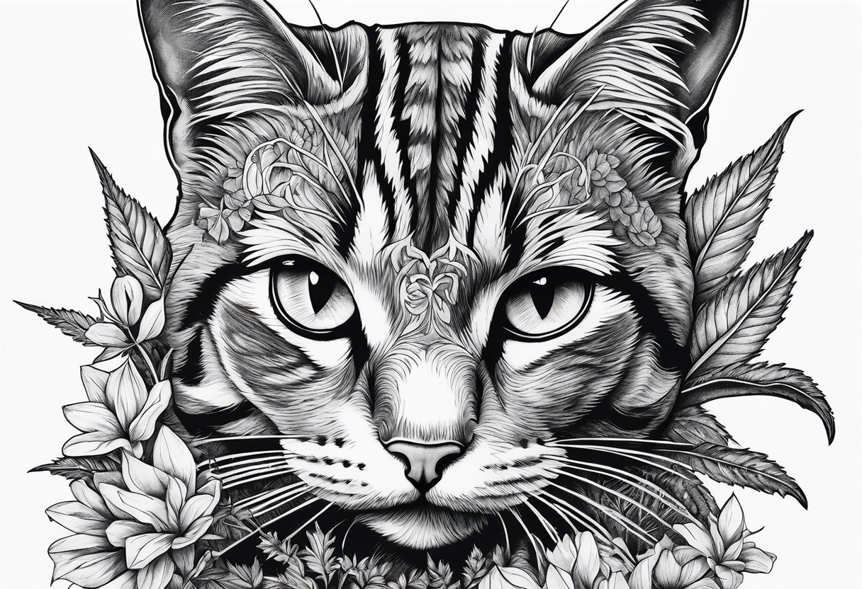 Cats and weed but in fine line and very detailed work tattoo idea