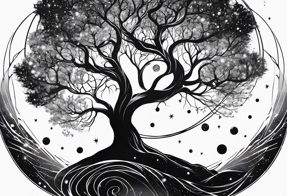 psychology theme, tree of life, milk way galaxy, planets tattoo idea