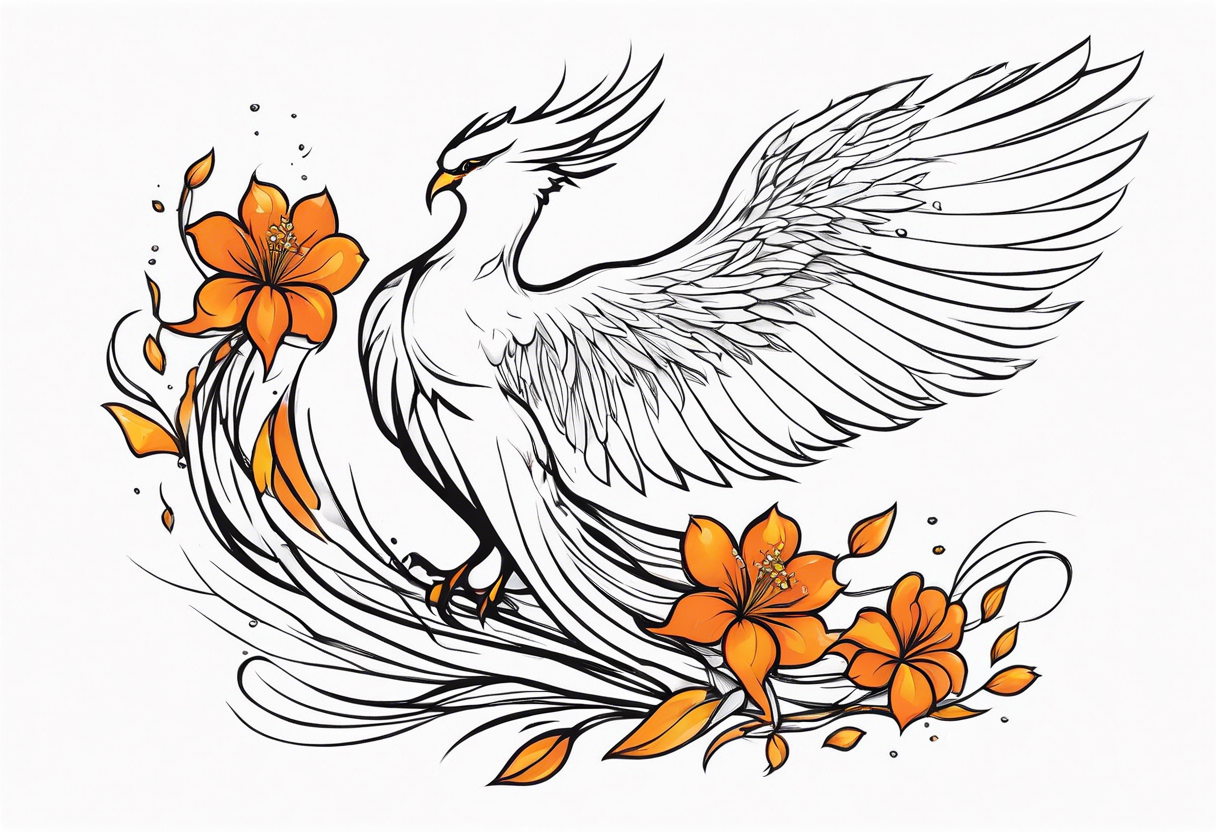 elongated phoenix in profile with claws holding flowers falling tattoo idea