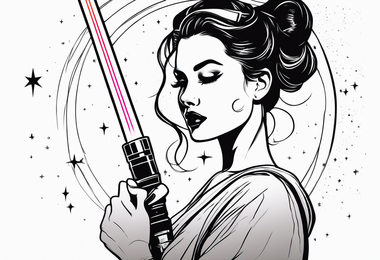 Pinup woman holding light saber in space tattoo idea