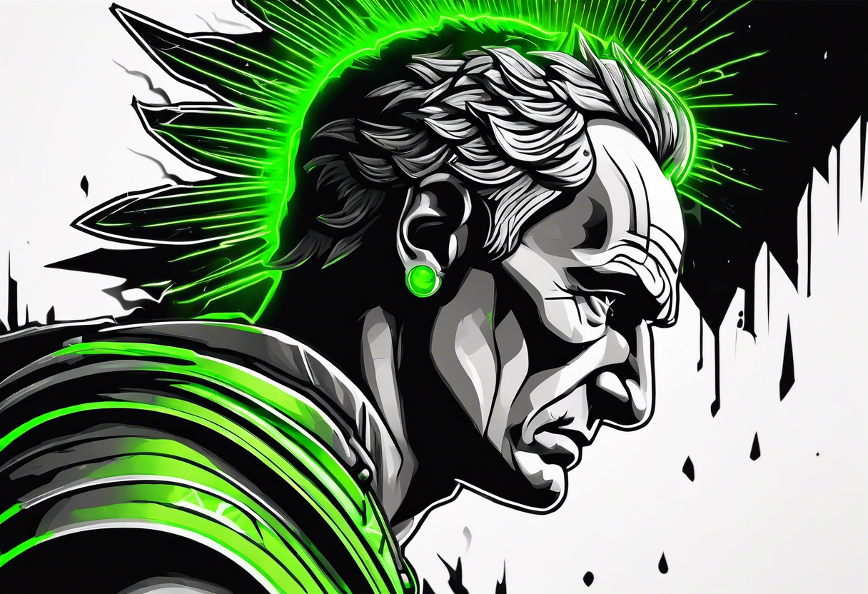 Julius Caesar tattoo with streaks of neon green lightning in the background tattoo idea