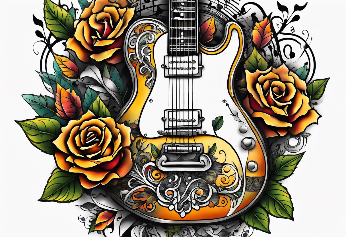 thigh tattoo with fall colors, music notation, flowers, roses and a guitar tattoo idea