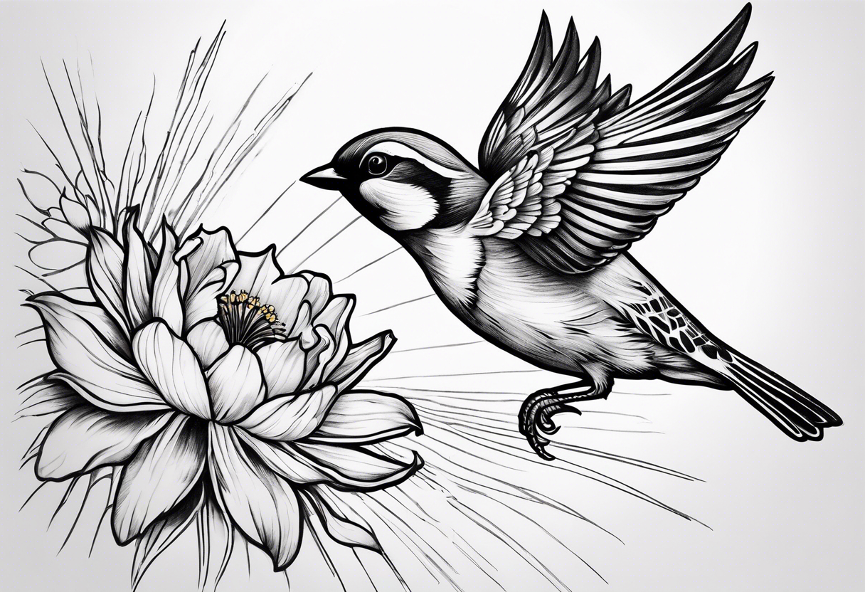 one flying 
sparrow, sunrays, 
make it a neck sleeve
add in a cosmos, iris, daisy, poppy and larkspur tattoo idea