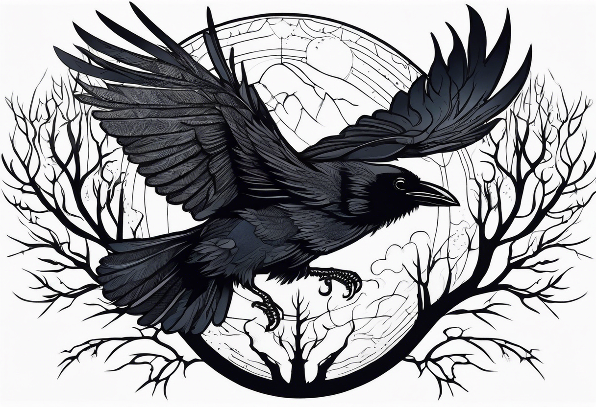 Raven diving, occult, mystical, knowing, light behind its eyes, ethereal, night sky and trees in the background tattoo idea