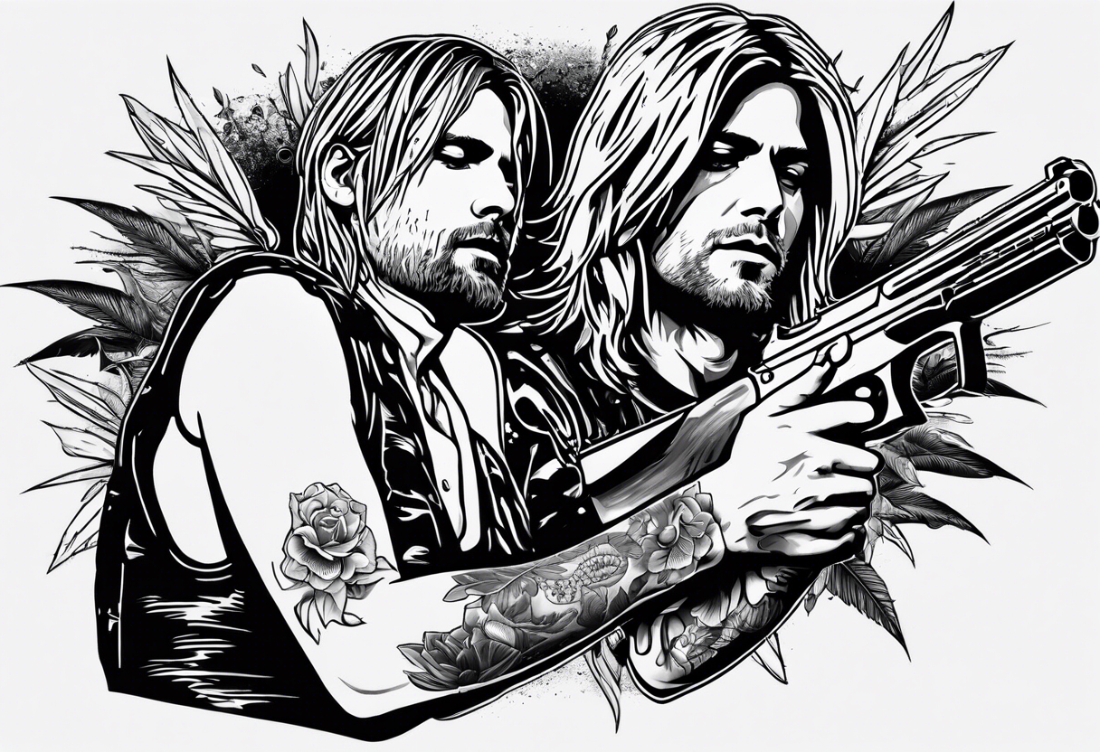 Kurt Cobain, slipping on a banana pill with a heroin needle in his arm, and a shotgun in the other arm tattoo idea