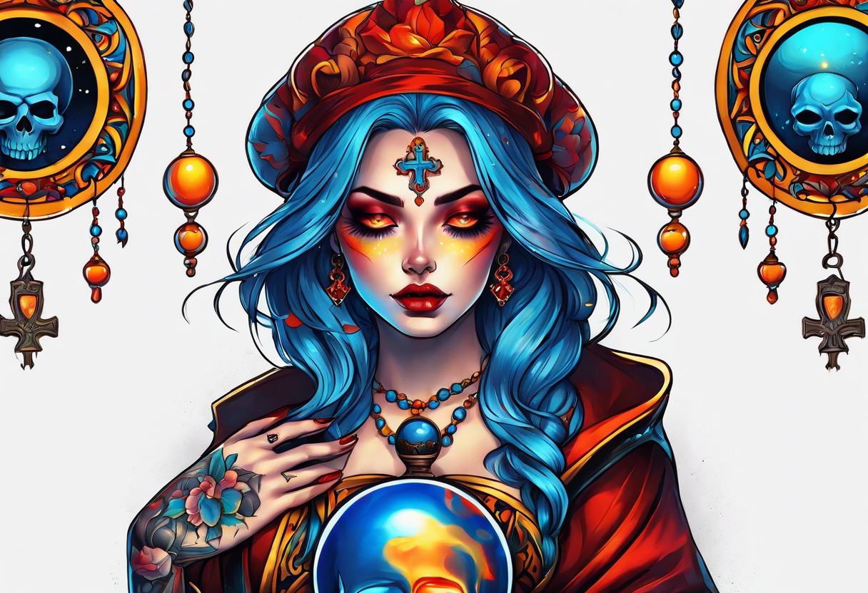 Bright bold Neo traditional tattoo woman with skulls and blood Holding a blue glowing sphere. Crosses for eyes. Orange, yellow, red, blue colors tattoo idea