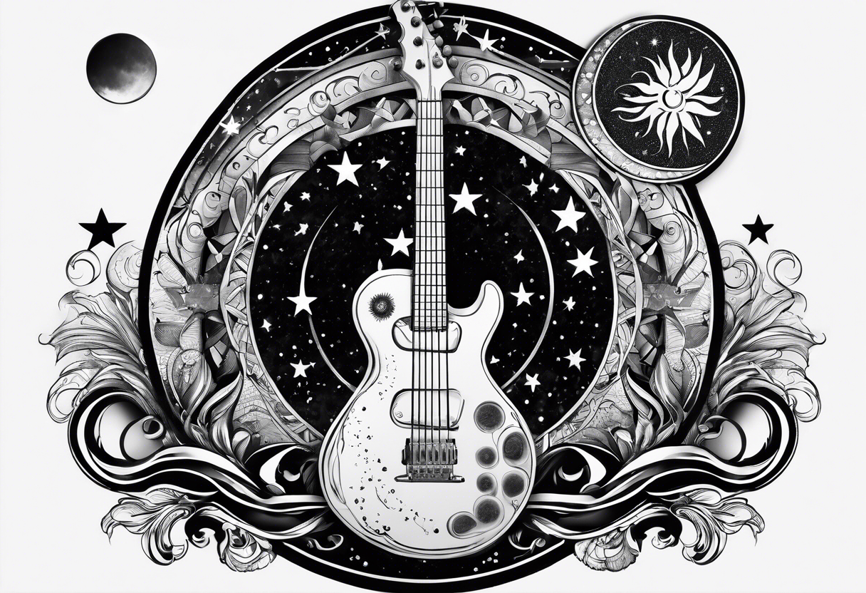 Collage for full left arm sleeve with:
a sun with a quarter moon, 
2 stars,
bass guitar, 
caduceus symbol tattoo idea