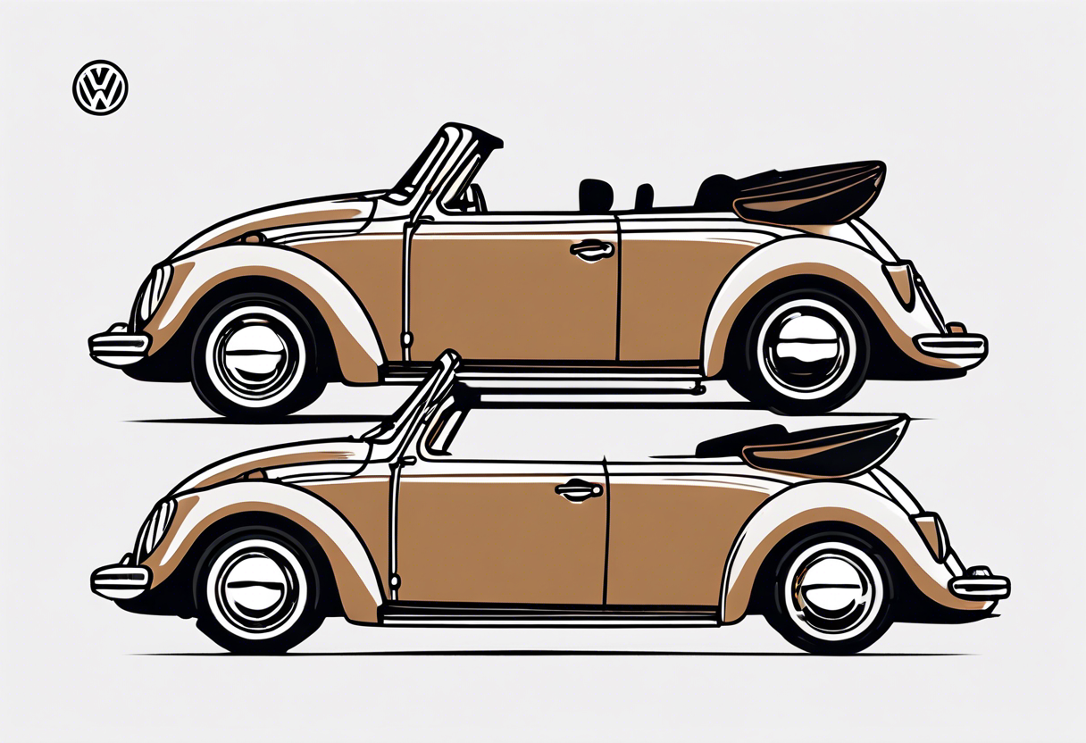 VW beetle convertible, side profile, top-down, modern, linework, minimal, no shadow or solid shading, brown linework tattoo idea