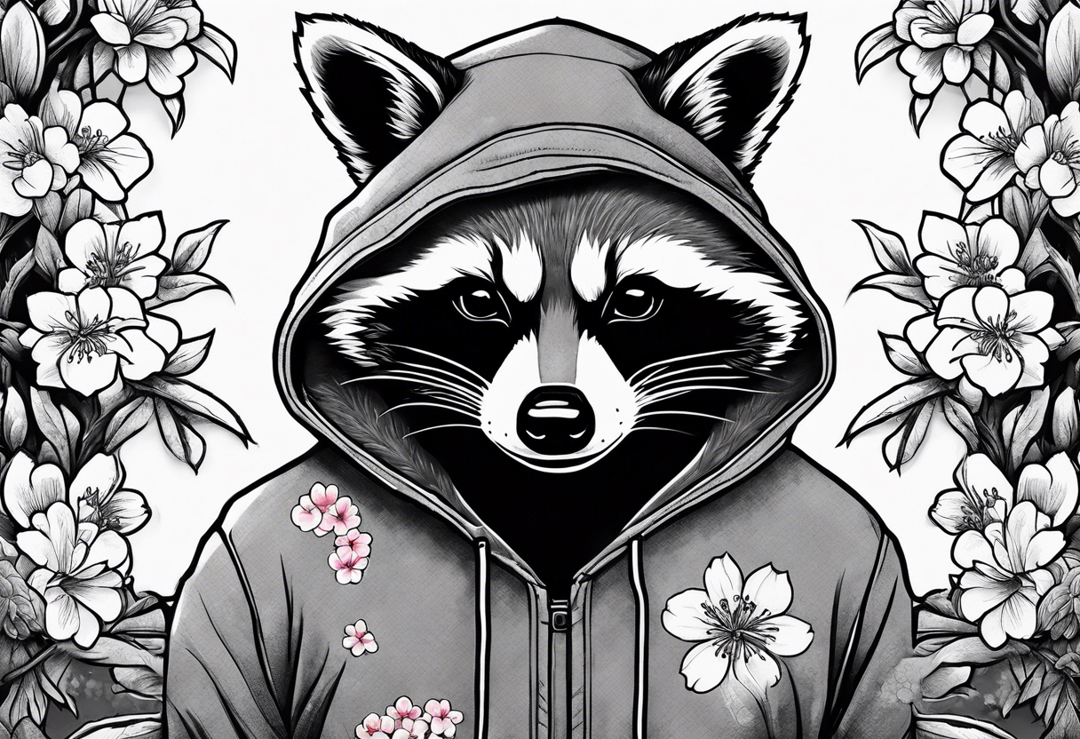 Raccoon wearing a Superman hoodie and Japanese cherry blossoms tattoo idea