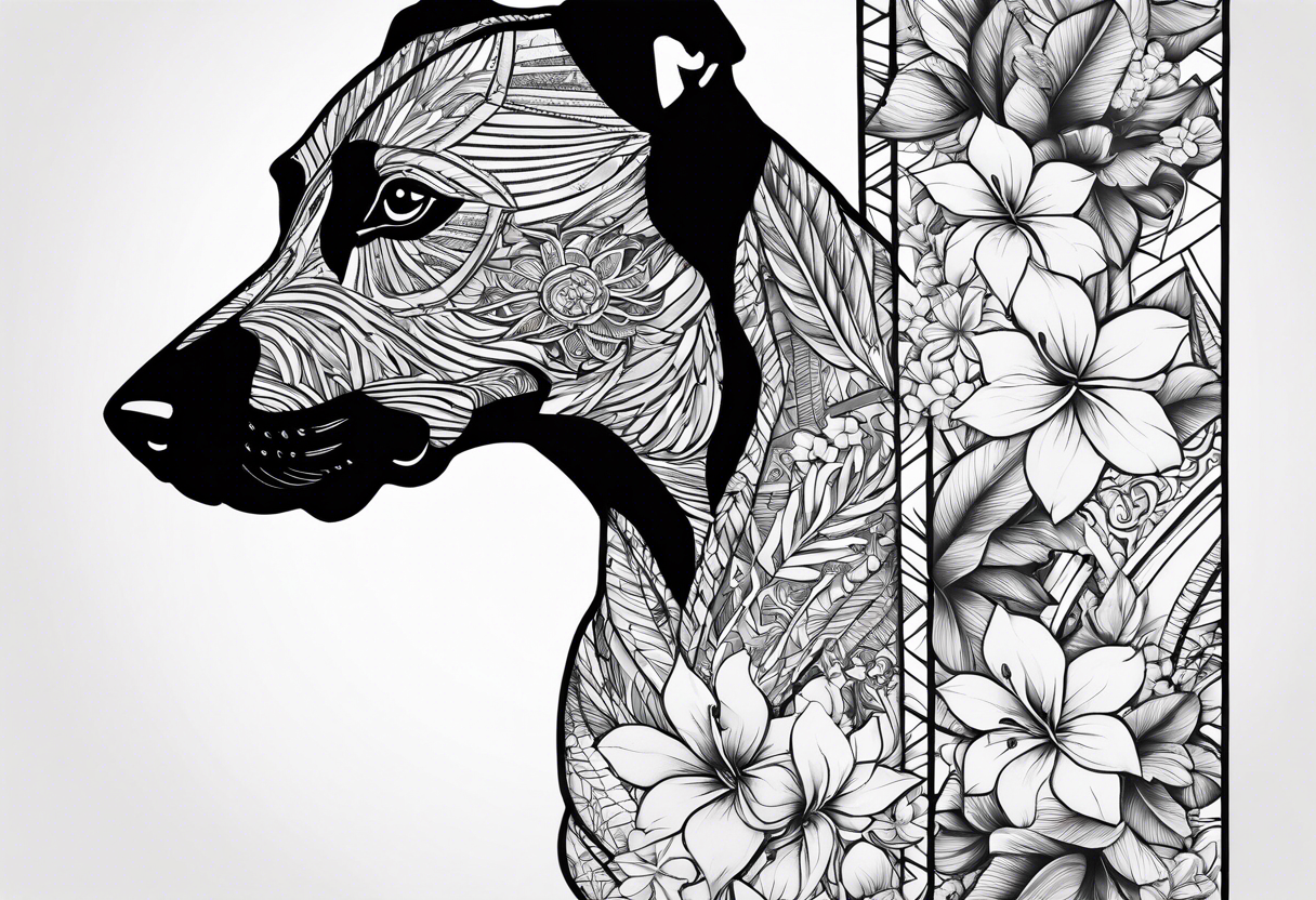 tropical and floral tattoo with doberman intertwined. full arm sleeve tattoo idea