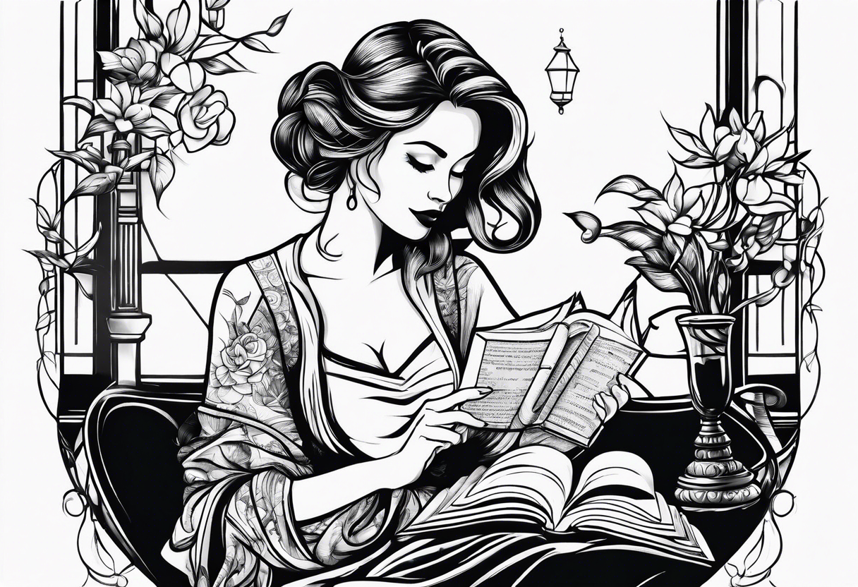 A women drinking wine and reading a book tattoo idea