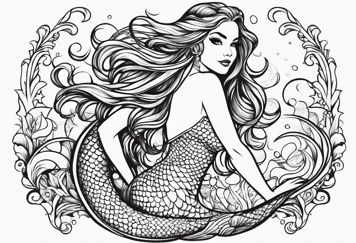 Mermaid full body, curvy, one arm up in the air, smiling tattoo idea