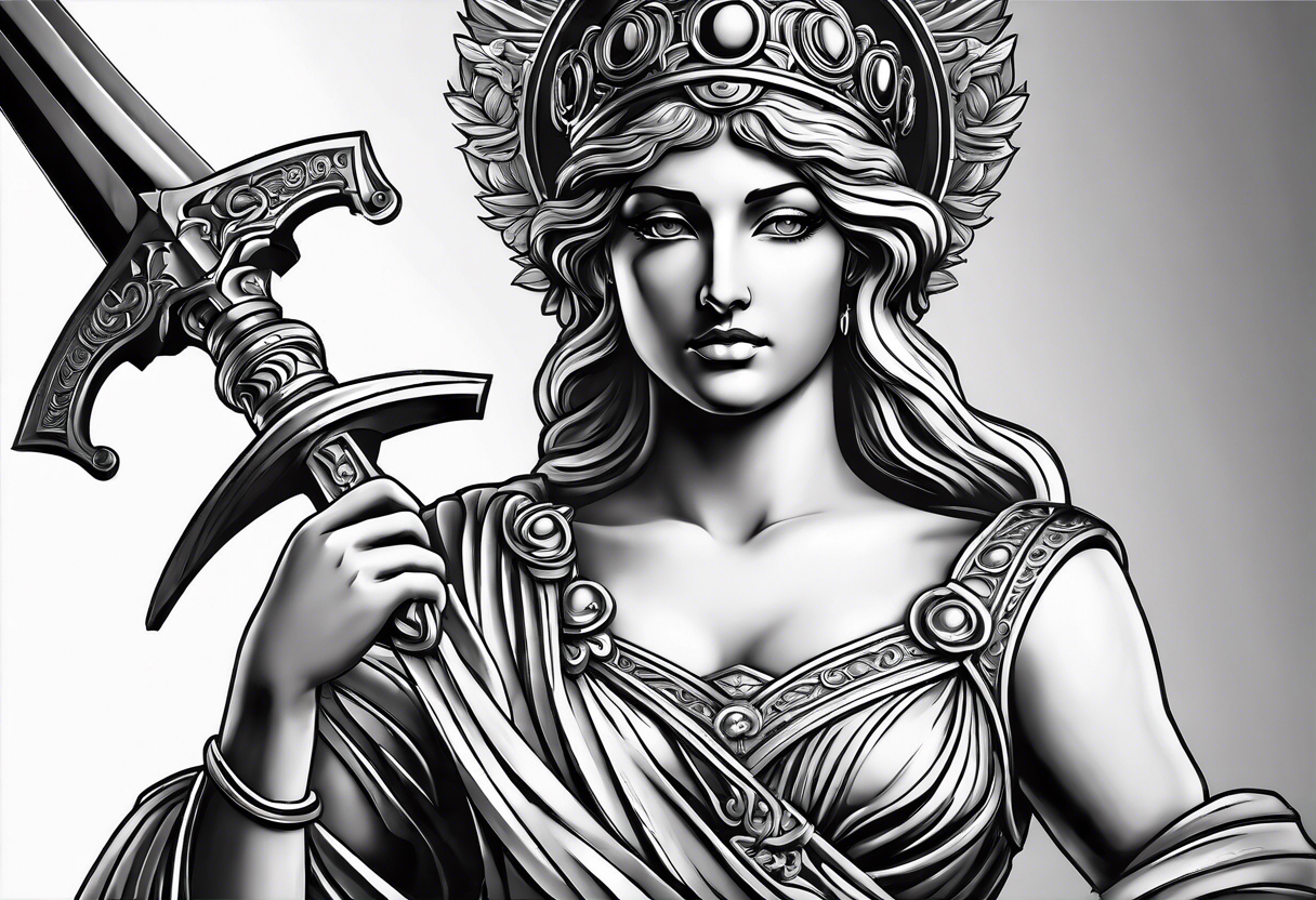 Themis (Greek Goddess of Justice), cutting her eyes with her sword. It is necessary to convey an atmosphere of greed and power. tattoo idea