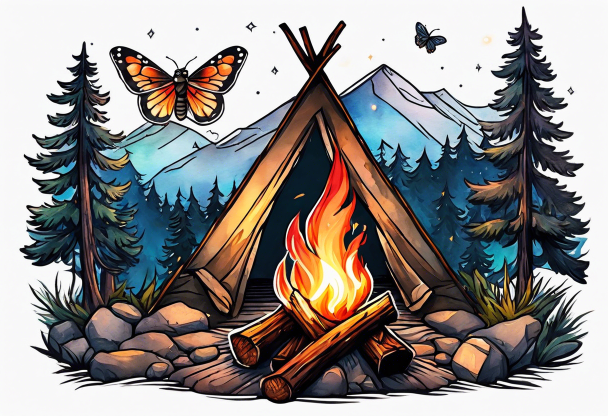 Campfire with small Moth flying above tattoo idea