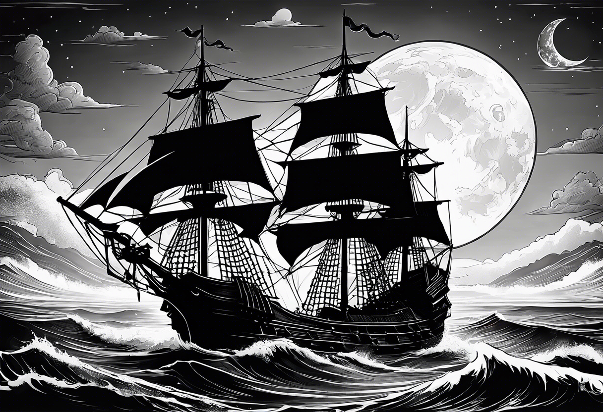 An old pirate ship sailing through rough waters during the night with a full moon tattoo idea