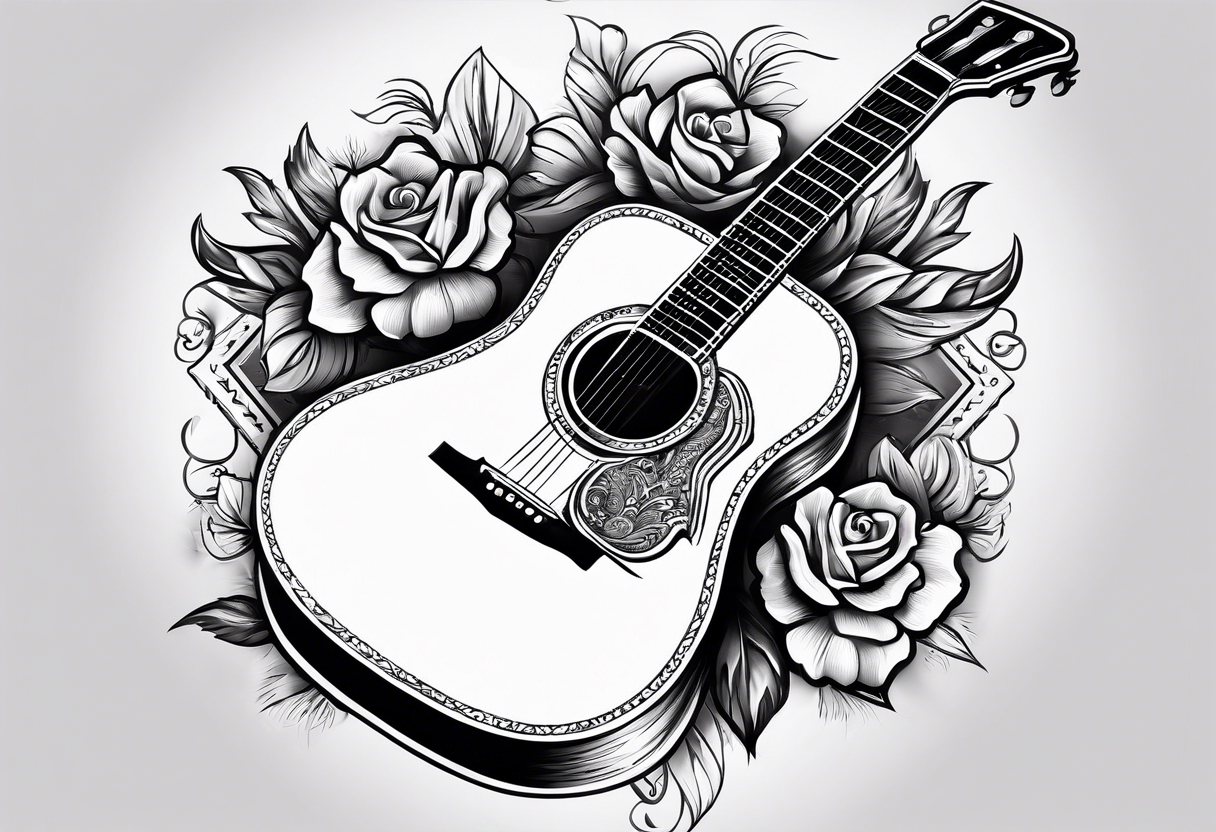 Detailed Christian Cross with acoustic guitar blended in tattoo idea