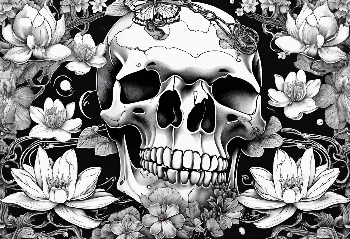 skulls, cherry blossoms, water lily, roller coaster track, chemistry tattoo idea