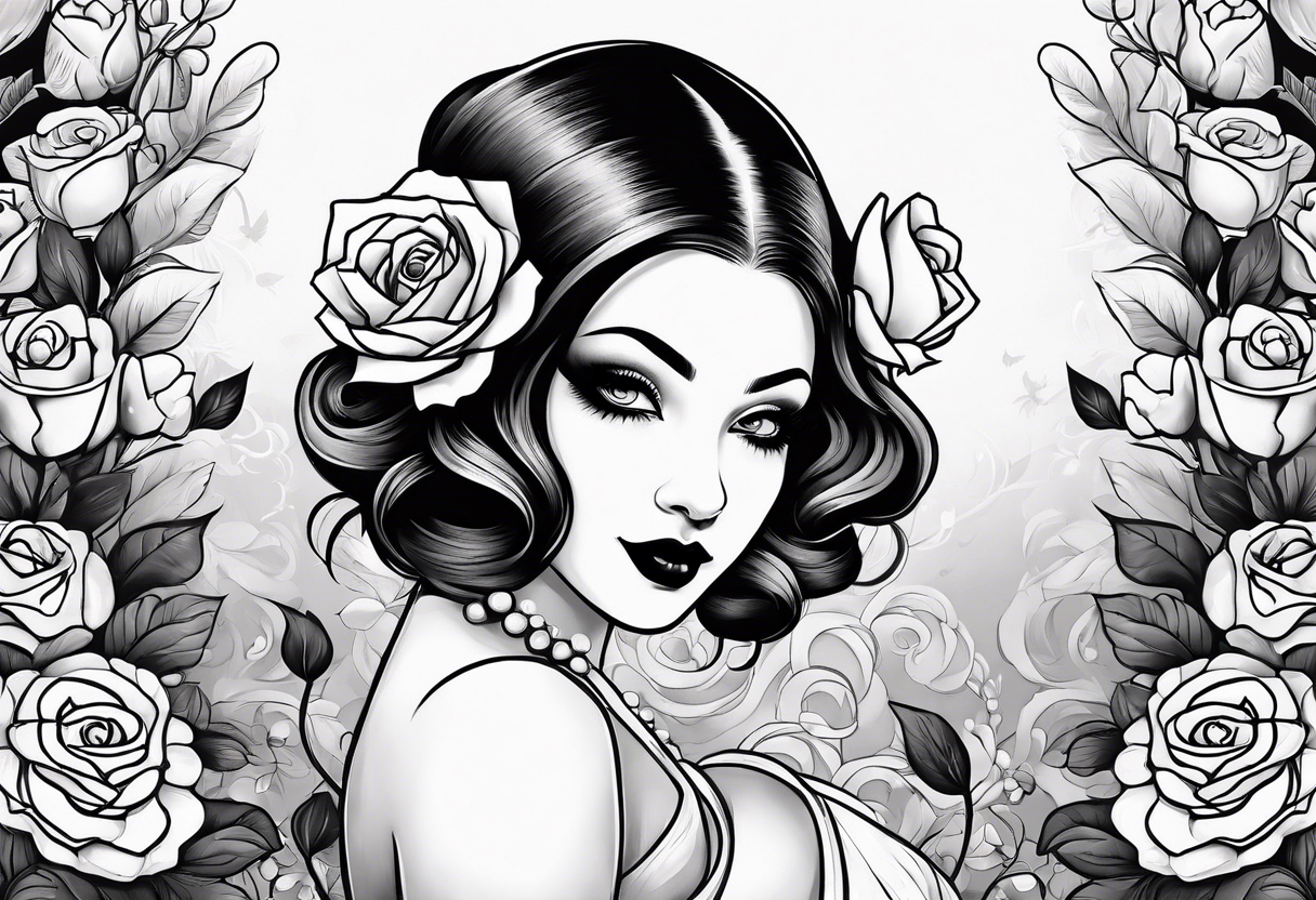 mime girl in white dress surrounded by roses tattoo idea