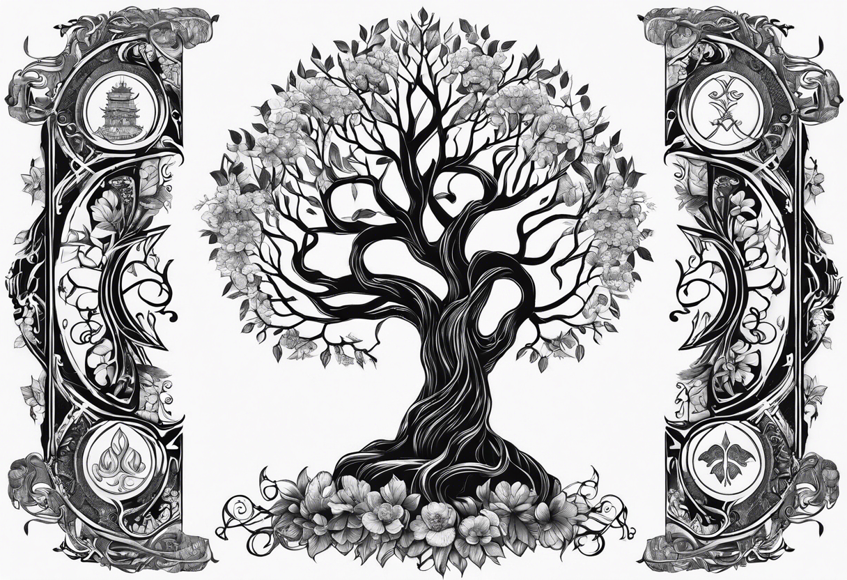 Yggdrasil with 9 realm illustrated tattoo idea