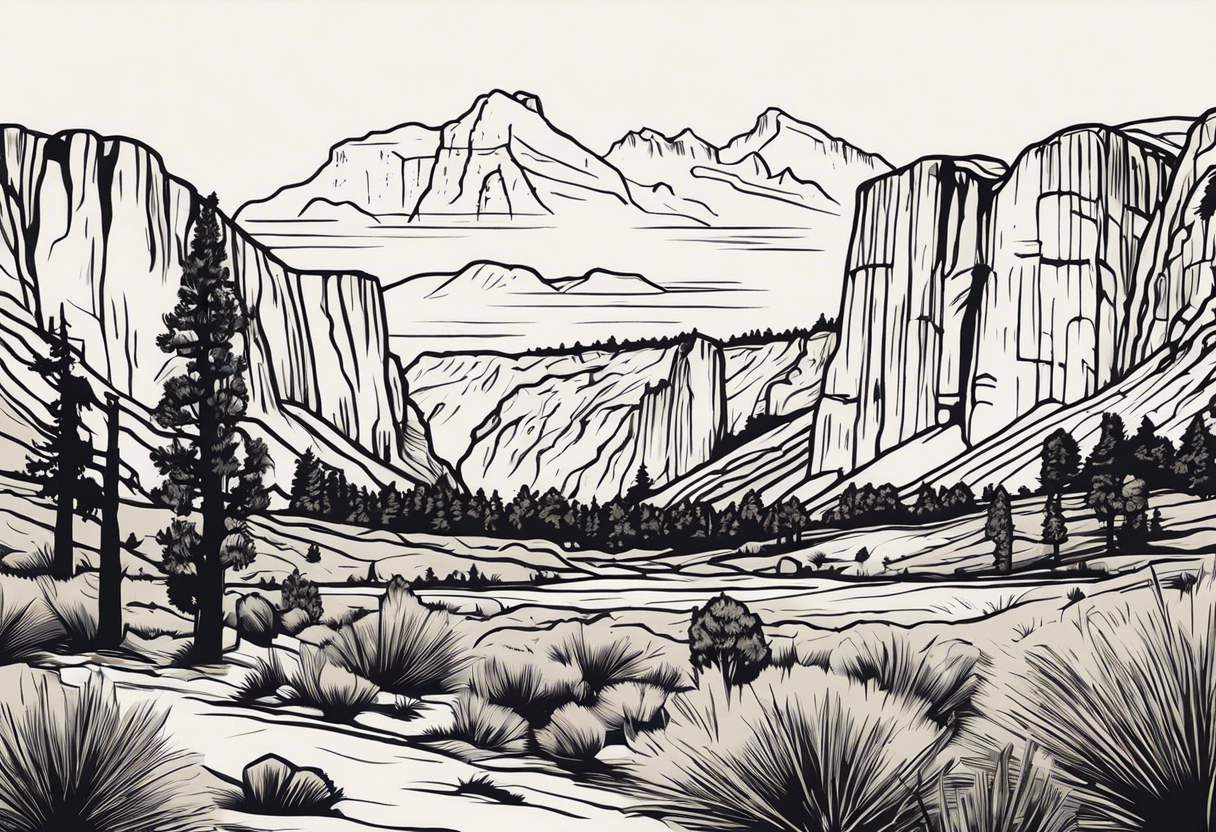 incorporate landmarks of Yosemite National Park, Bryce Canyon, Zion National Park, Joshua Tree National Park, Smokey Mountains and the Blueridge Mountains into one image. tattoo idea