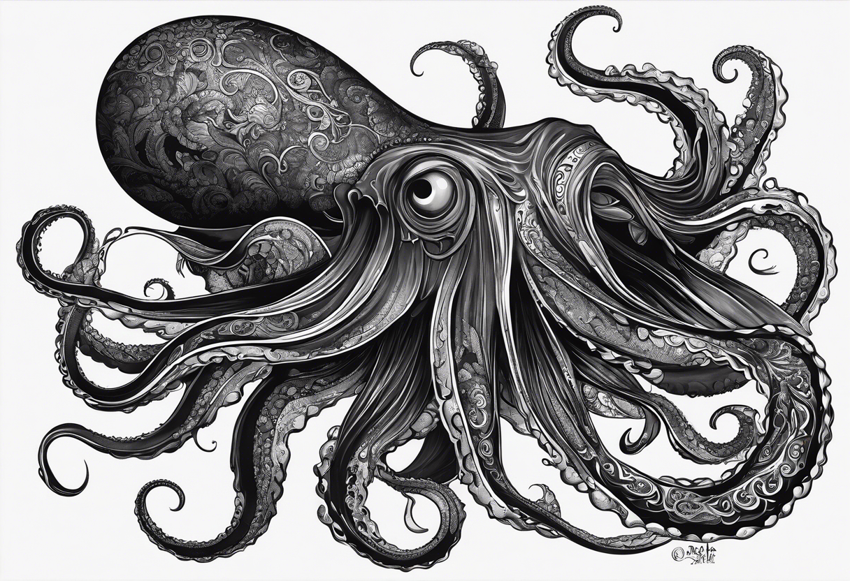 The horrifying squid hides itself in ink and turns the color of its body to black to blend into the black sea tattoo idea