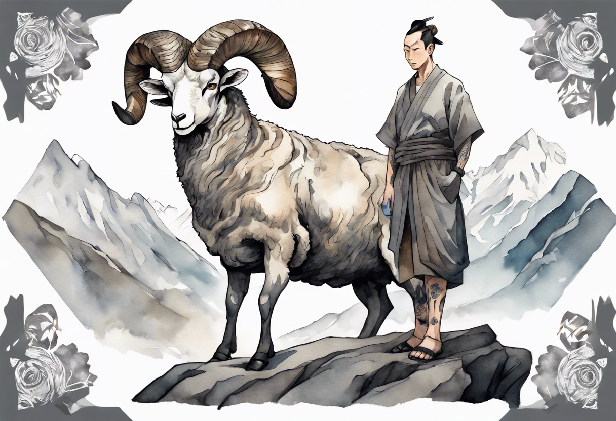 a solitary muscular man with the head of a big-horned sheep, wearing a grey tunic on a mountain tattoo idea