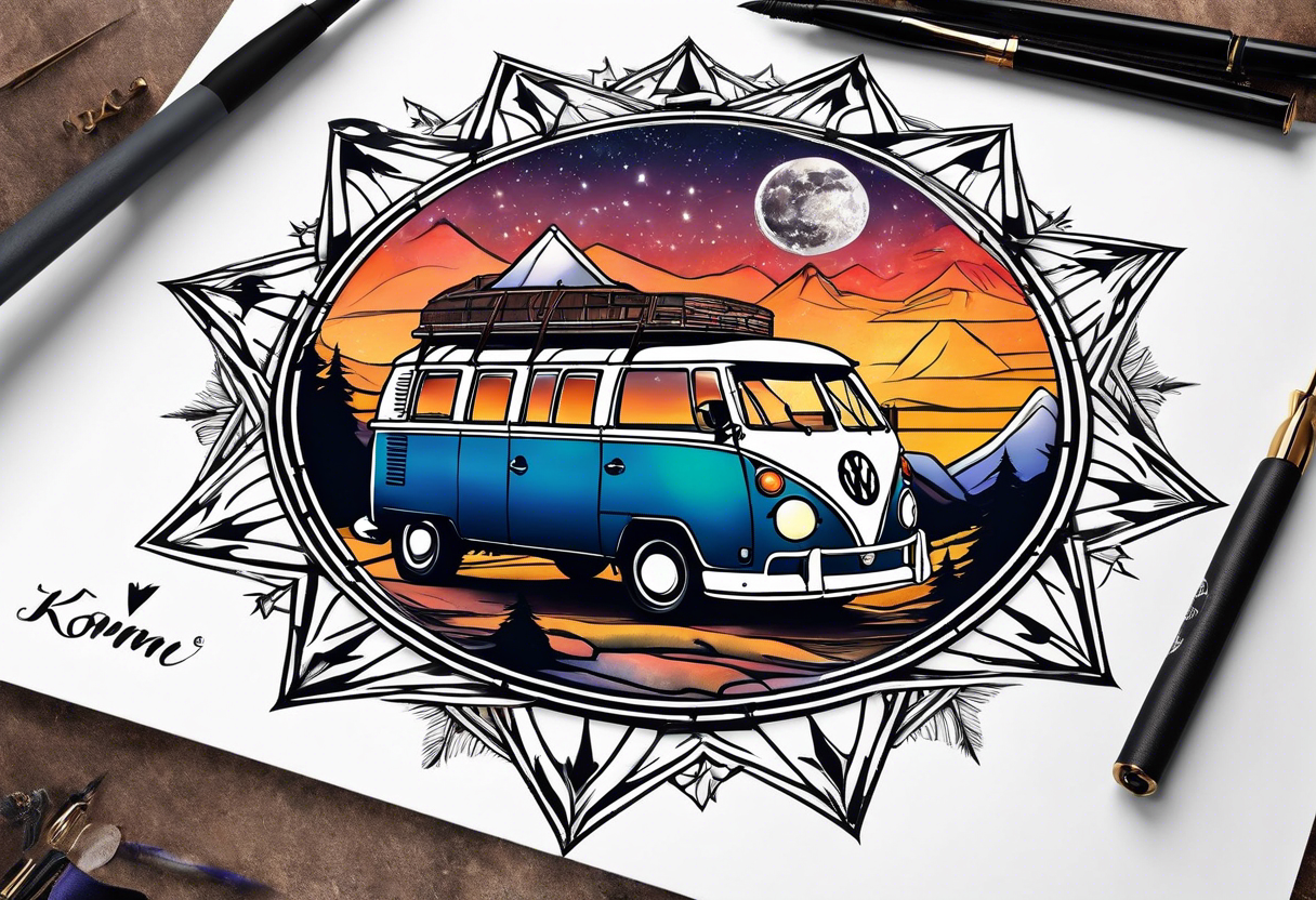 directional Compass rose, mountains and VW Komi campervan tattoo idea