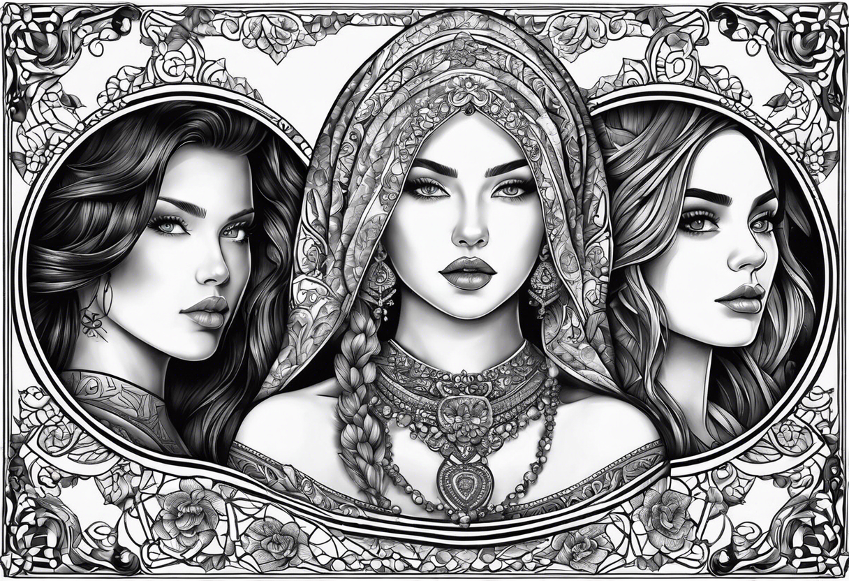 three person side by side. a really really young Daughter on the left, mother in the middle, really really old grandmother on the right. greater age difference, in an artfully decorated frame tattoo idea