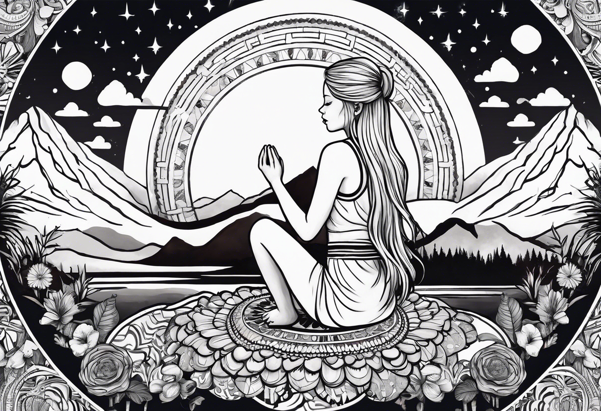 Straight blonde hair girl meditating facing away toward mountains surrounded by mushrooms crescent moon mandala circular design black and white striped dress tattoo idea